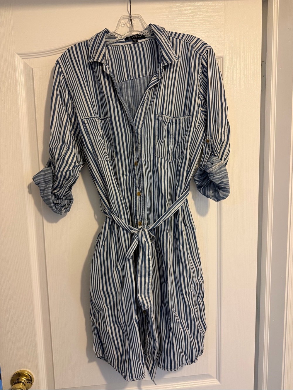 Blue & White Striped Shirt Dress with Tie